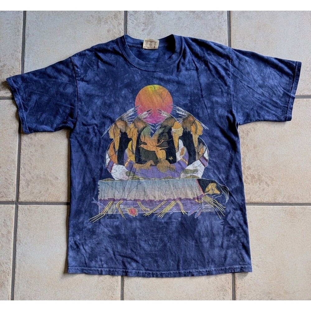 The Mountain Blue Native American Graphic Gina Gray Print Cotton T-Shirt Medium